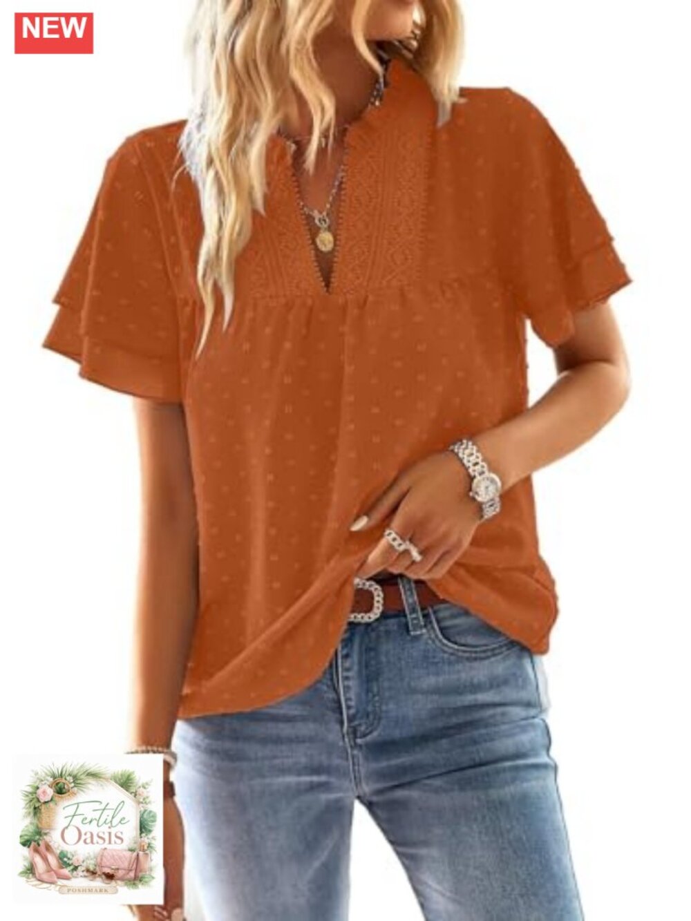 Women's Boho Flowy V Neck Crochet Lace Short Sleeve Blouse Swiss Dots